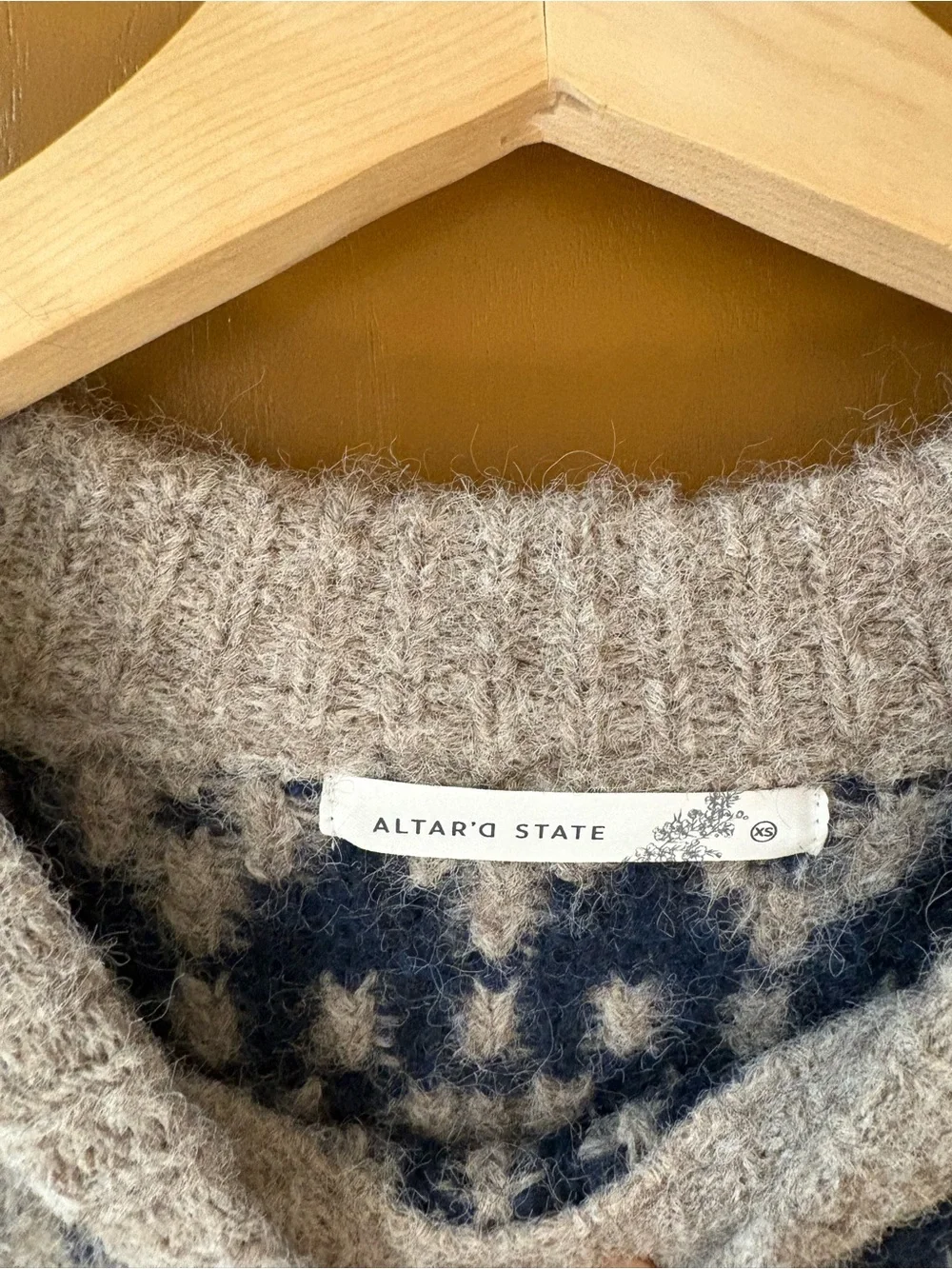 Altar'd State Taupe & Navy Fair Isle Crewneck Sweater - Picture 3 of 7